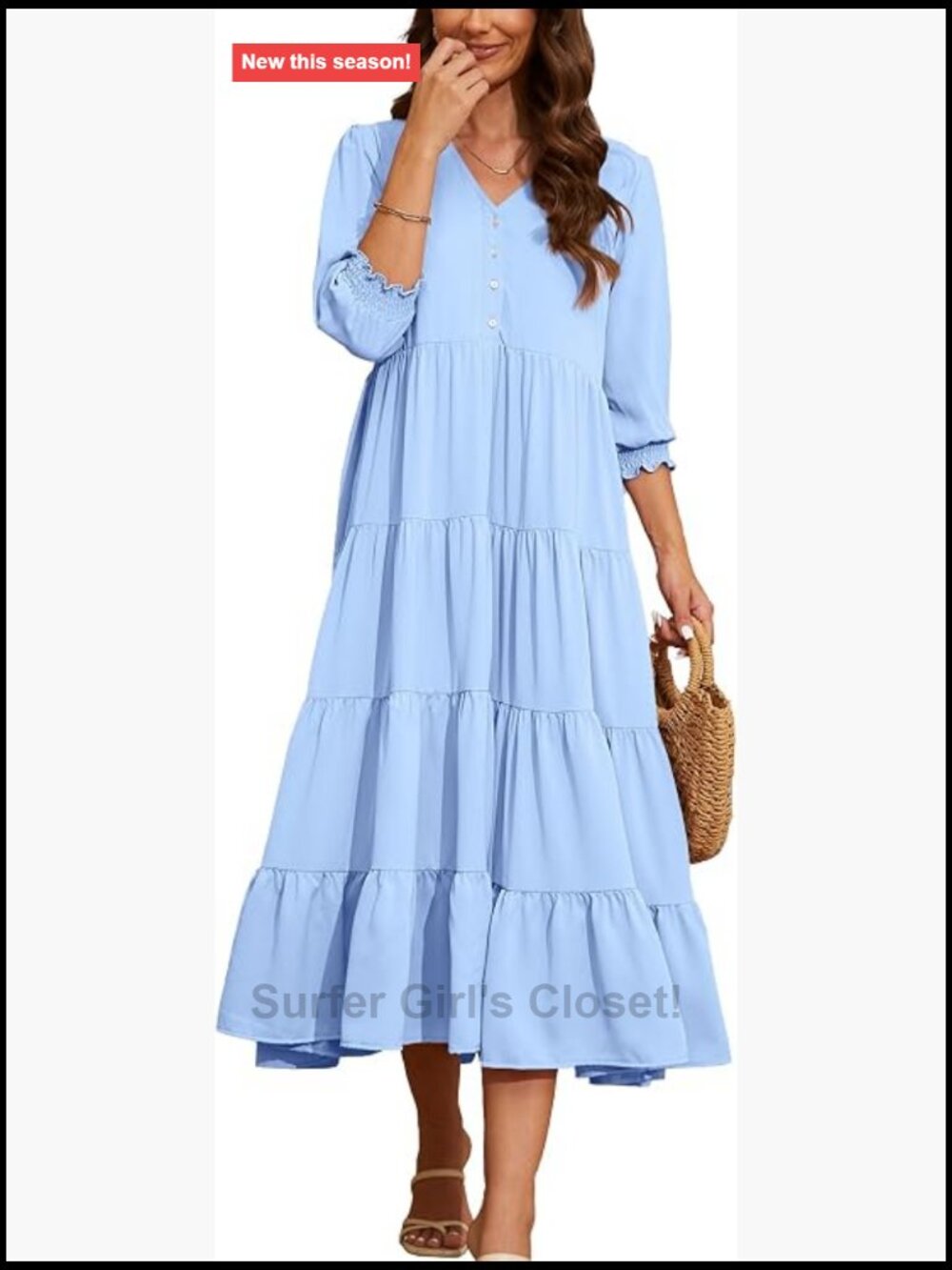 Boho Floral V-Neck Midi Dress with Puff Sleeves